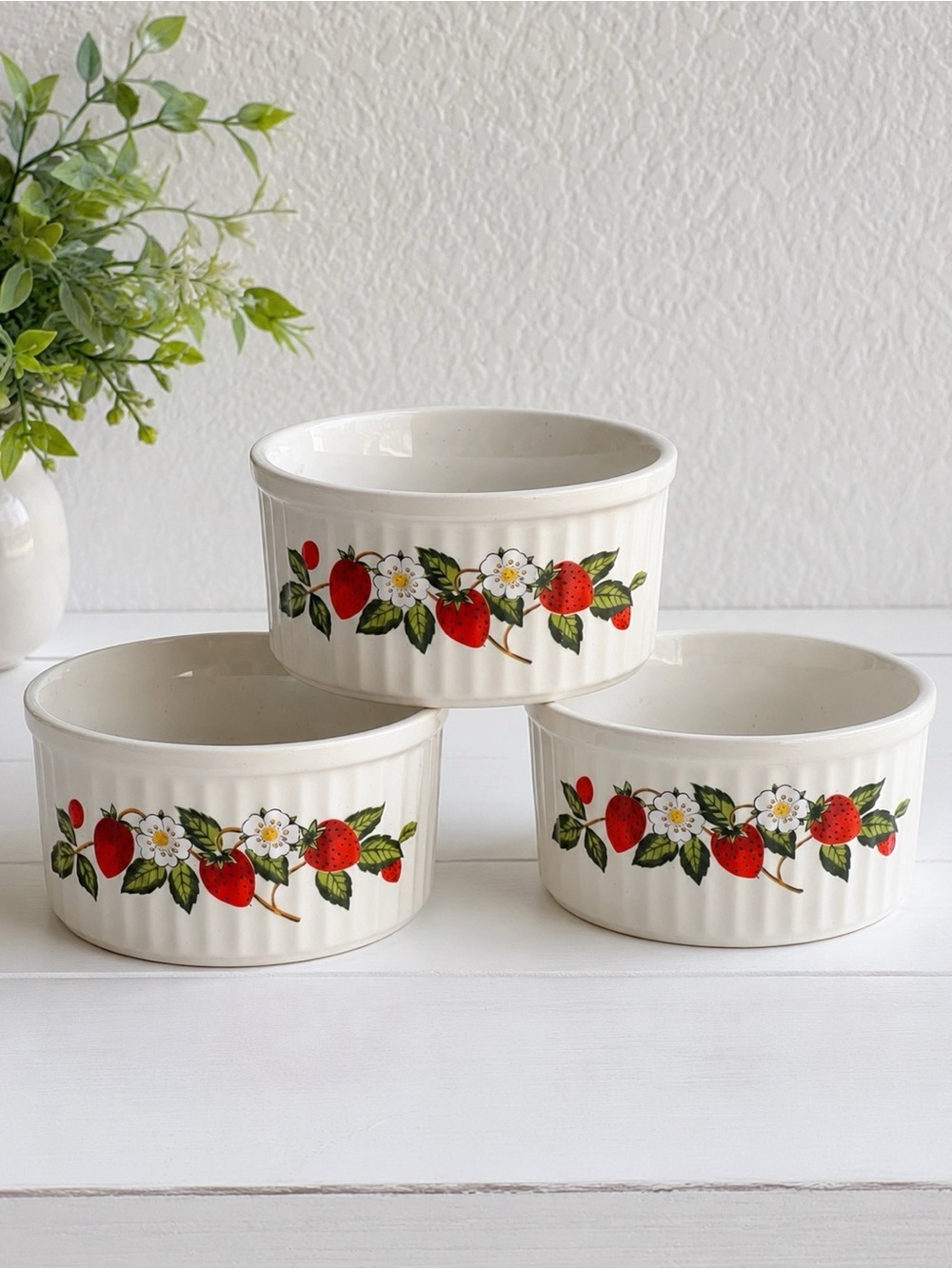 Vintage Sheffield Japan Strawberry Stoneware Ramekins Set of 3 Ribbed Bowls